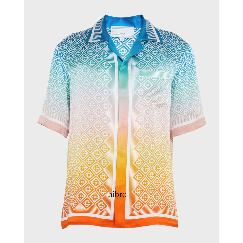 Men Designer Silk Shirt Hawaiian Satin Flower Gradient Casabla Shirt Short Sleeve Shirt Beach Shirts Button Up Tops 420
