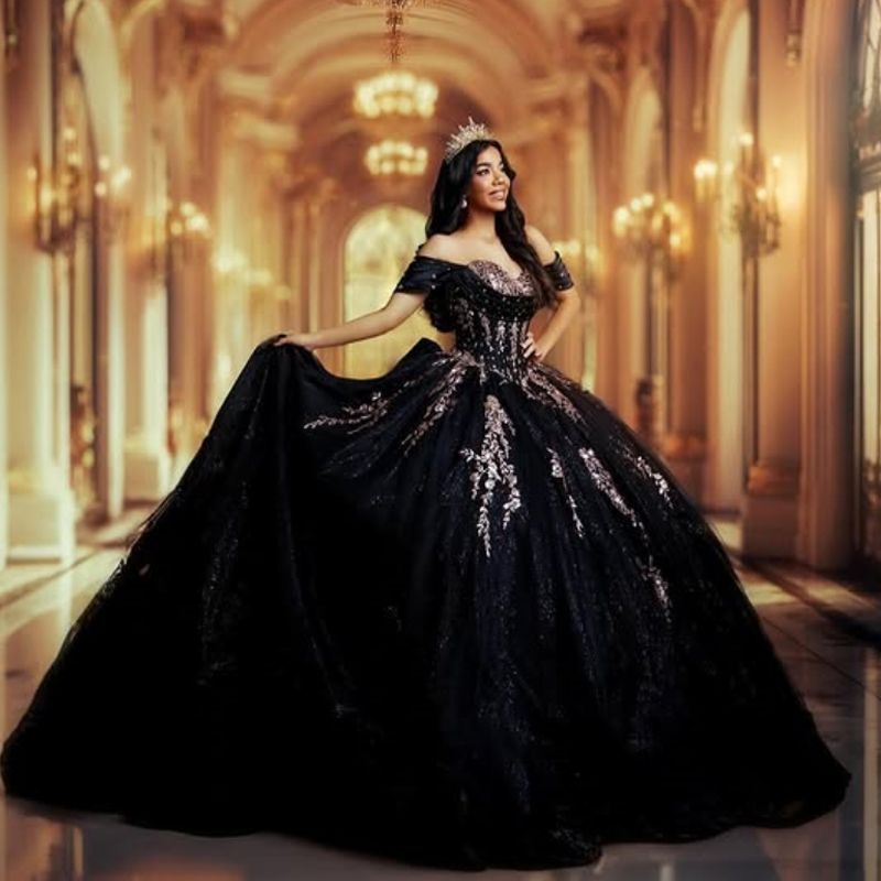 Black Shiny Quinceanera Dresses Ball Gown Off Shoulder Appliques Lace Beads Bow Tull Sweet 16 Dress Vestidos 15 De Anos