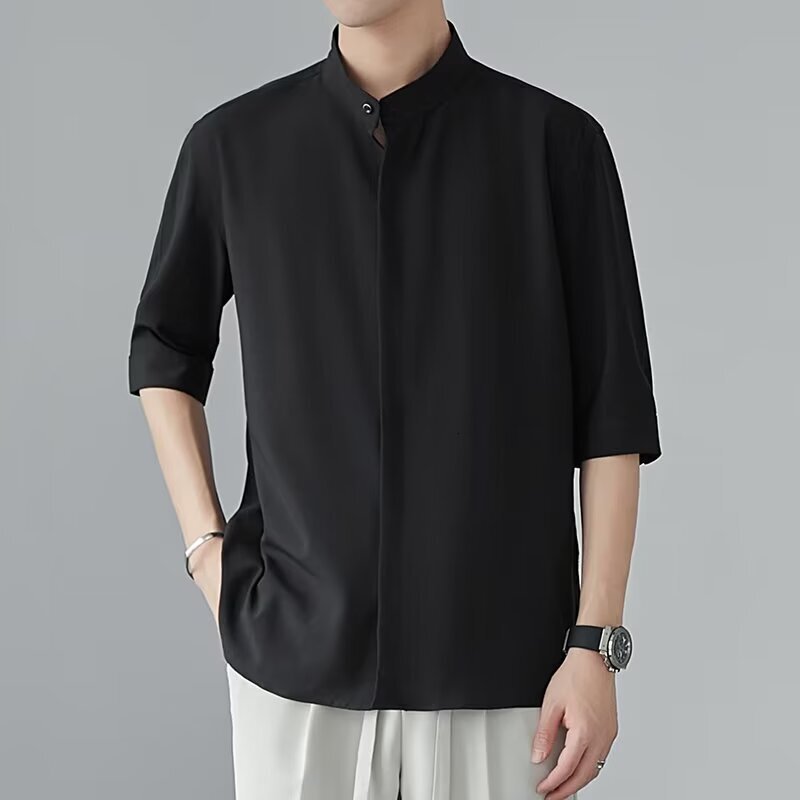 New Chinese Style Stand Collar Short Sleeve Shirt For Men, Early Designer Short Sleeves Autumn New Niche Shirt With High-end Feel, Ice Silk Draped Mid