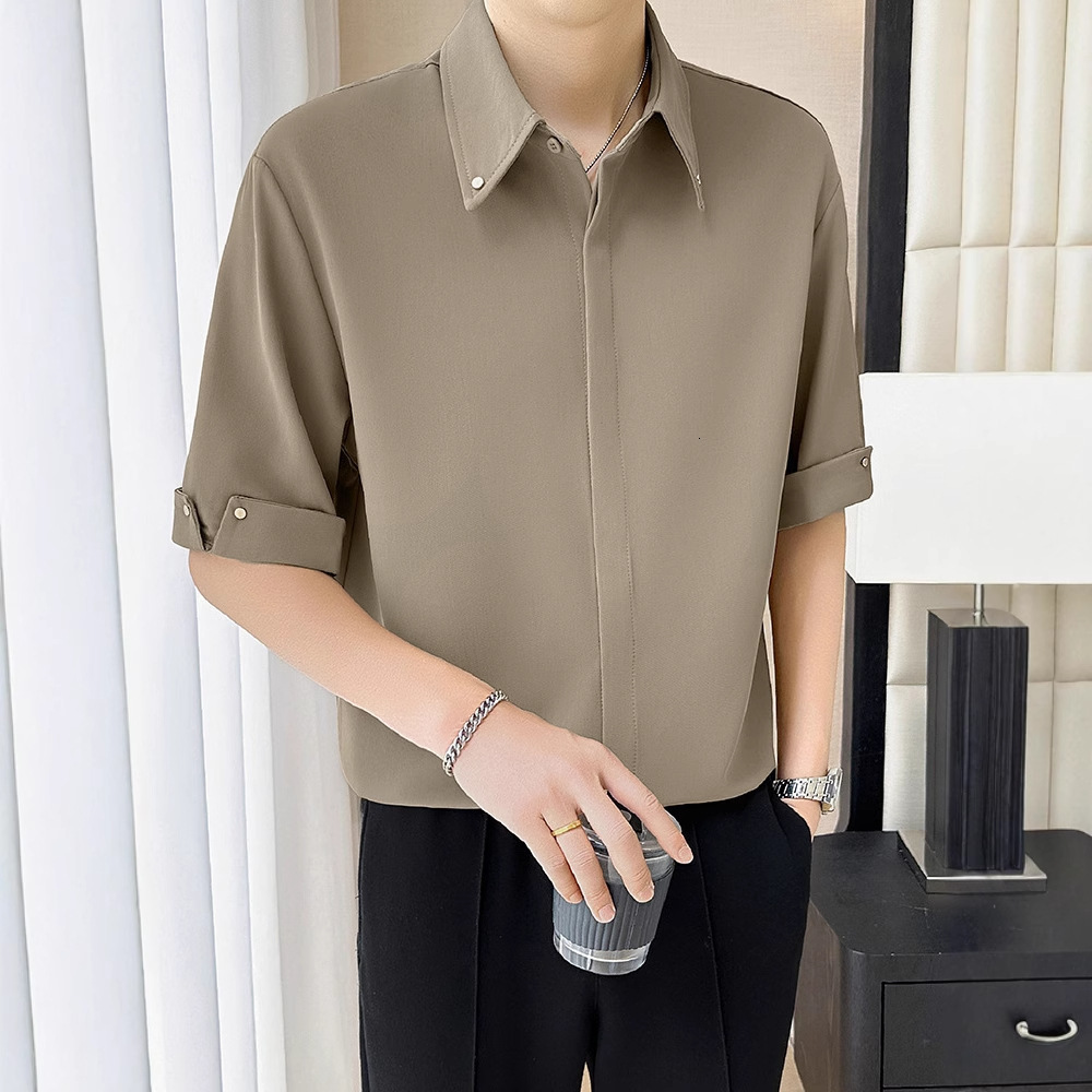 2025 Super Popular Men's Short Sleeve Designer Short Sleeves Shirt Draped Summer Ice Silk Clothing High-end Cool Seven-quarter Sleeve Hidden Butt