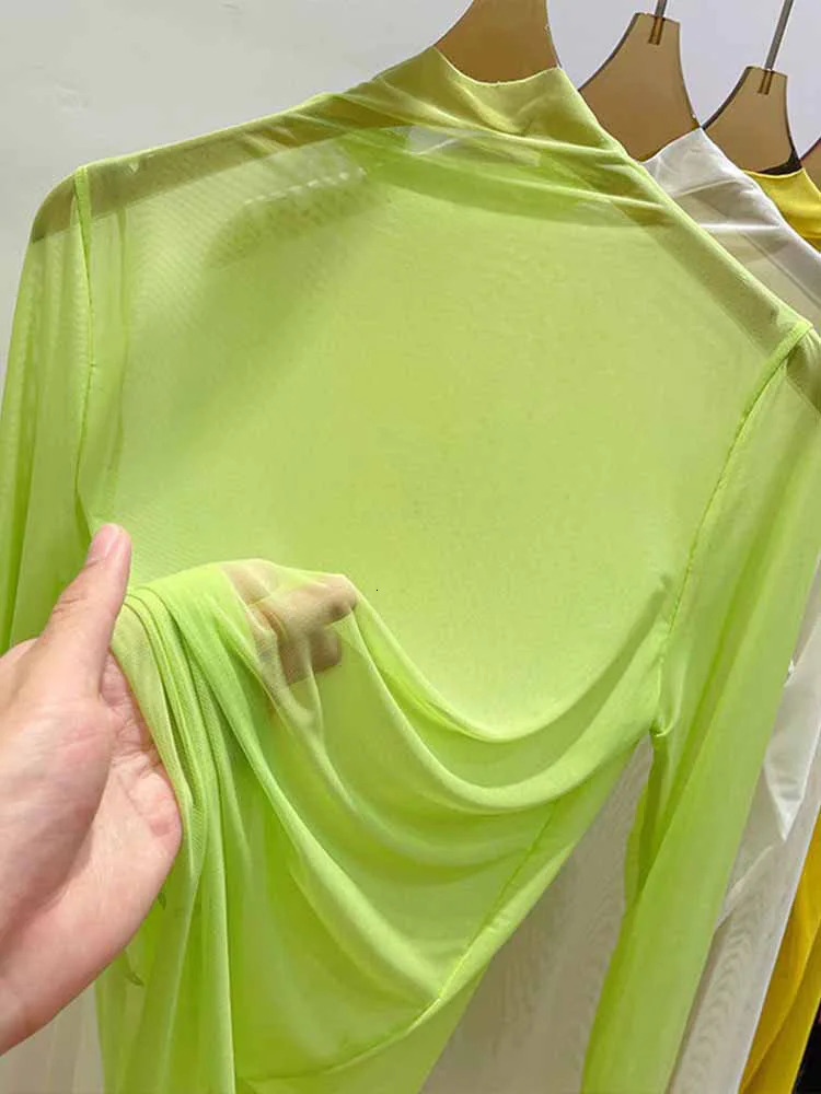 Transparent Gauze Bottoming T-shirt Women Clothing Summer Long Sleeved T-shirt with Gauze Shirt Half High Collar Sunscreen 250703