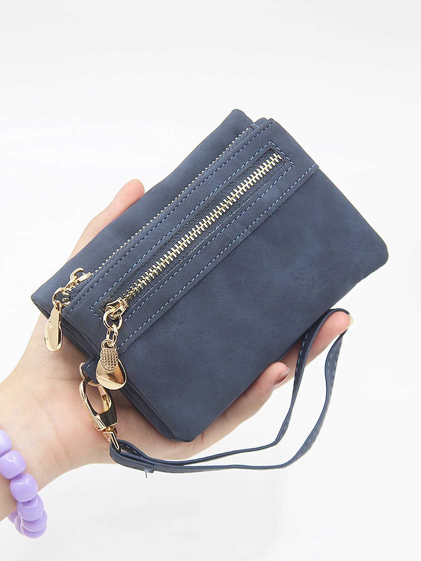 double fold PU leather short wallet with zipper coin pocket mtiple card slots and wrist band casual portable card clip Y250707