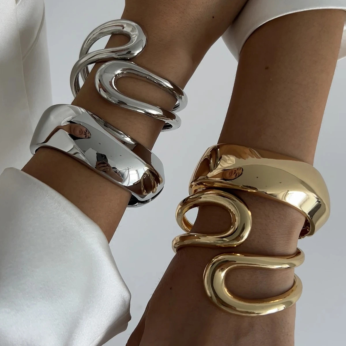 IngeSight.Z Irregular Geometric Smooth Heavy Metal Curved Shaped Bangles for Women Trend Punk Party Bracelet Grunge Jewelry Gift 250701