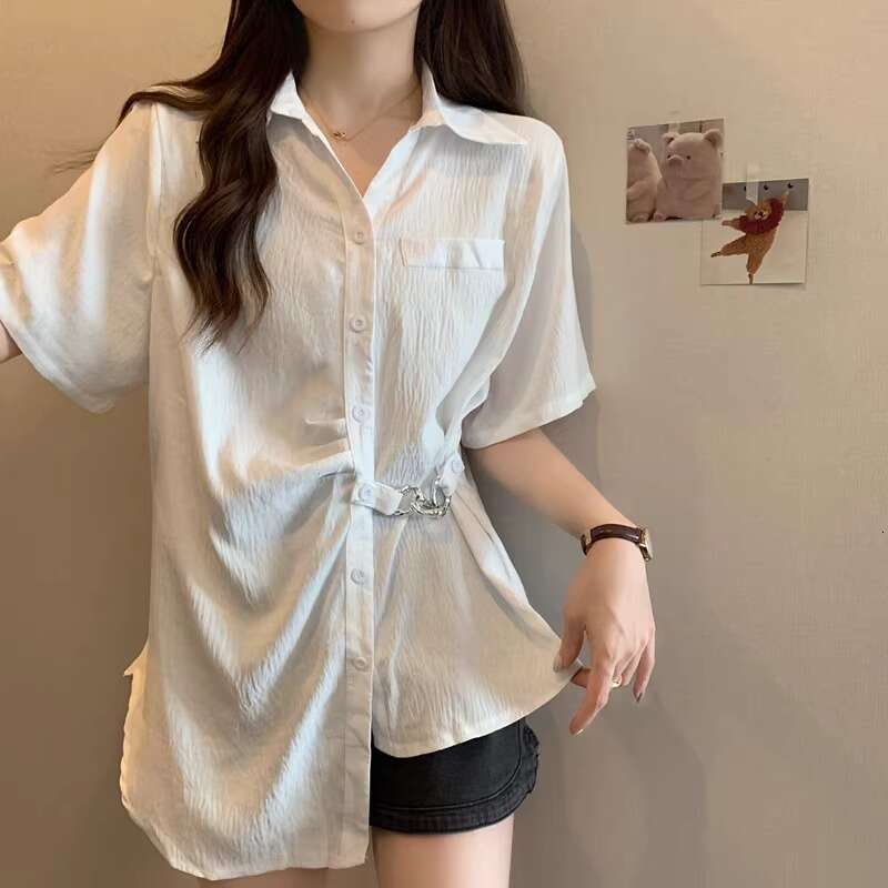 Plus Size Tummy Covering Unique Irregular Pleated Short Sleeve Shirt For Women Summer Slimming Design Chain Blouse Top B5