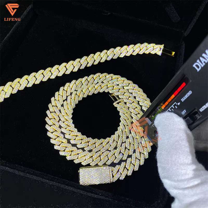 Hot Selling Pass Diamond Tester 925 Solid Silver 14mm Two Rows Iced Out Hip Hop Jewelry Vvs Moissanite Diamond Cuban Link Chain