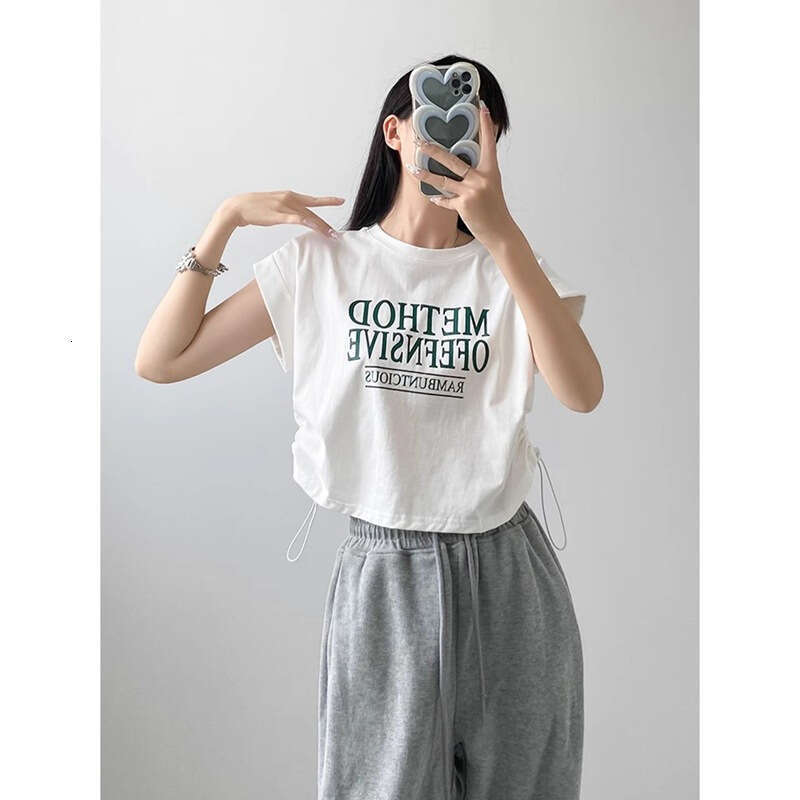 European Style Printed Letter Round Neck Short Sleeve T-Shirt For Women Summer Versatile Drawstring Jazz Hot Girl Top Trendy B5