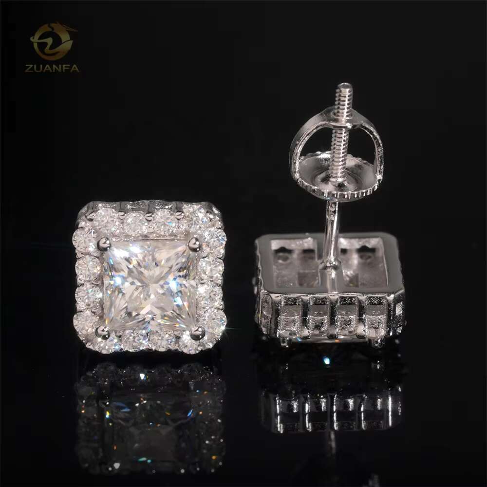 High Quality Iced Out Jewelry Princess Cut Halo 925 Sterling Silver Hip Hop Moissanite Earrings