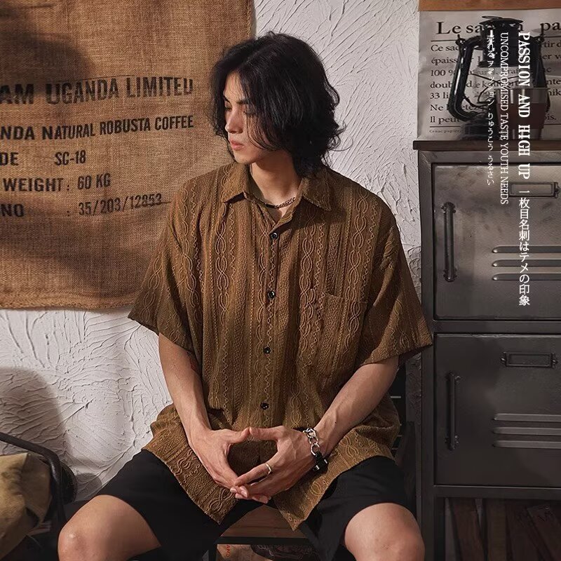 Design Sense Hollow Short Sleeve Shirt Designer Short Sleeves For Men Summer Ethnic Style Draped Japanese Retro Cool Loose Turn-down Collar Shirt