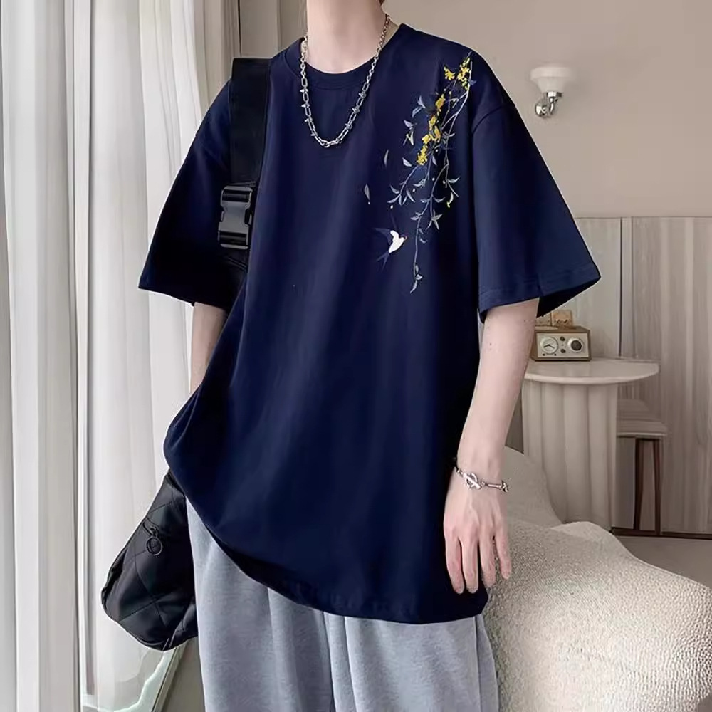 Burgundy New Chinese Style Designer Short Sleeves Short Sleeve Men's T-shirt Chinese Style Heavyweight 200g Summer Trendy Brand Cleanfit Pure Cot