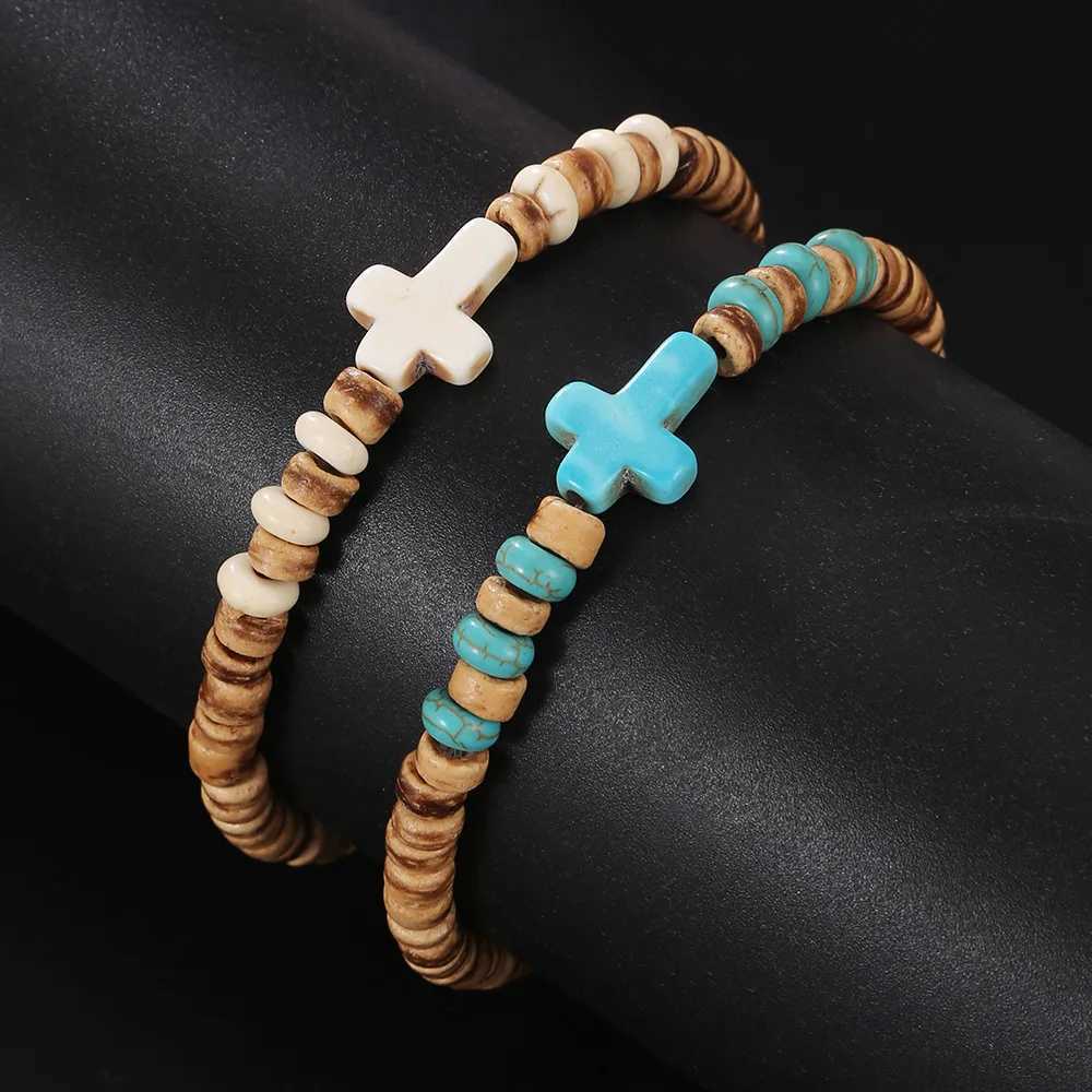Bohemian Coconut Shell Wood Chips Cross Bracelet For Men Retro Handmade Beaded Jewelry Fashion Accessories Gifts XJ250707