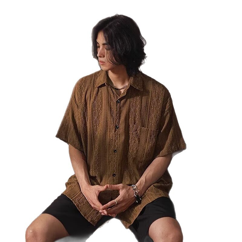 Design Sense Hollow Short Sleeve Shirt Designer Short Sleeves For Men Summer Ethnic Style Draped Japanese Retro Cool Loose Turn-down Collar Shirt