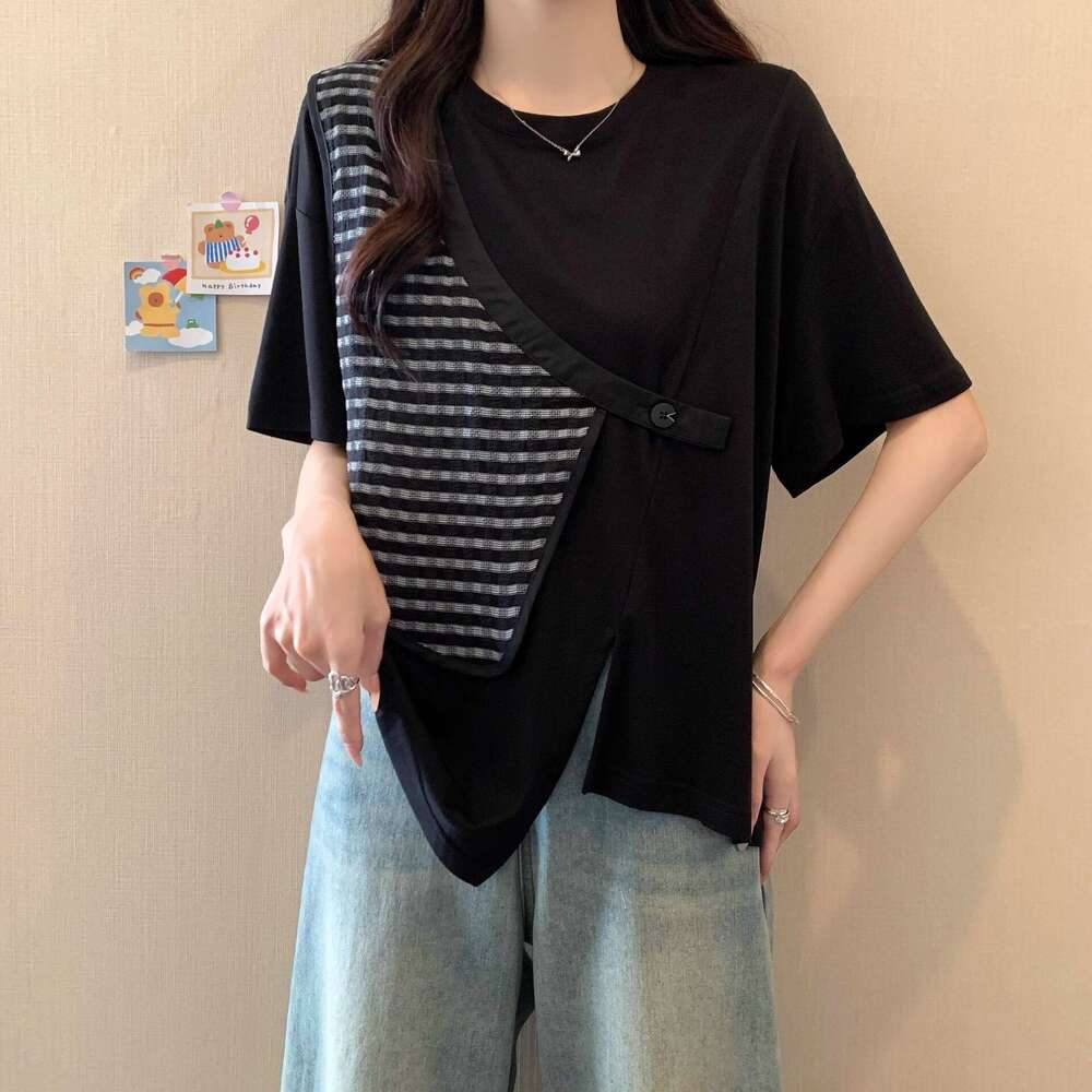 100% Cotton Plus Size Irregular Plaid Patchwork Regular Shoulder Short Sleeve T-Shirt For Women Summer New Loose Slimming Covering Top B5