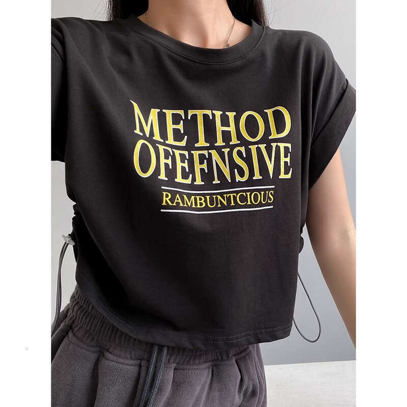 European Style Printed Letter Round Neck Short Sleeve T-Shirt For Women Summer Versatile Drawstring Jazz Hot Girl Top Trendy B5
