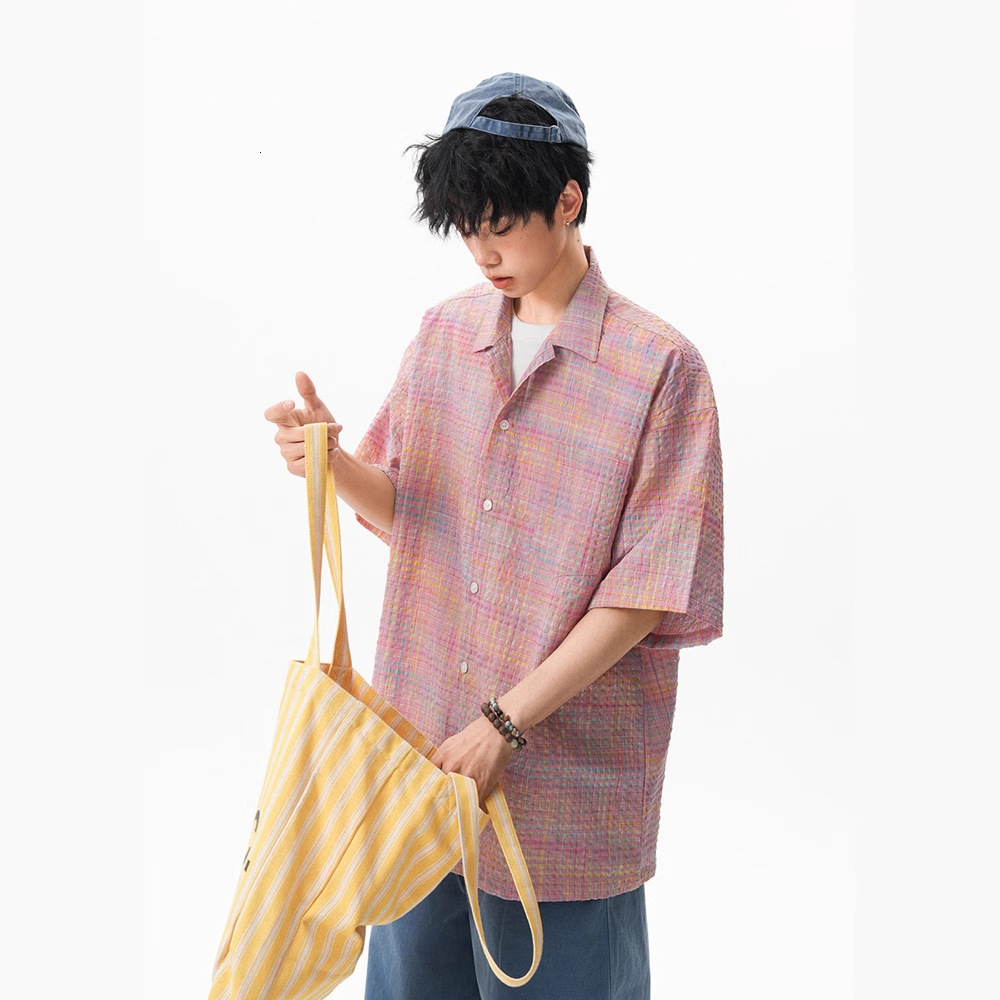 American Style Plaid Bubble Designer Short Sleeves Gauze Short Sleeve T-shirt For Men And Women, Summer Thin Design Sense Half Sleeve Loose Quick-dry 