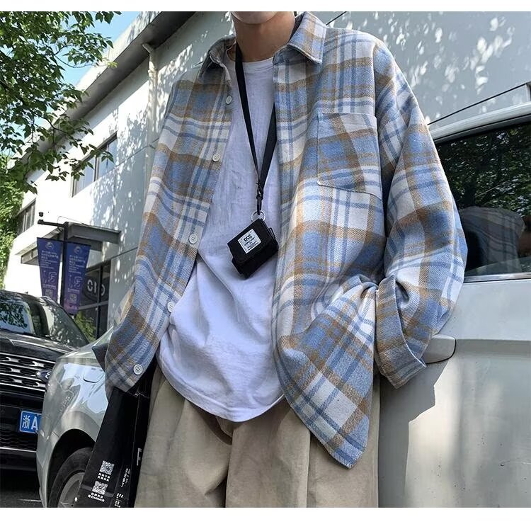 Woolen Plaid Lapel Jacket Men Hong Kong Style City Boy Shirt Jacket Spring Autumn Loose Designer Short Sleeves Versatile Youthful Shirt