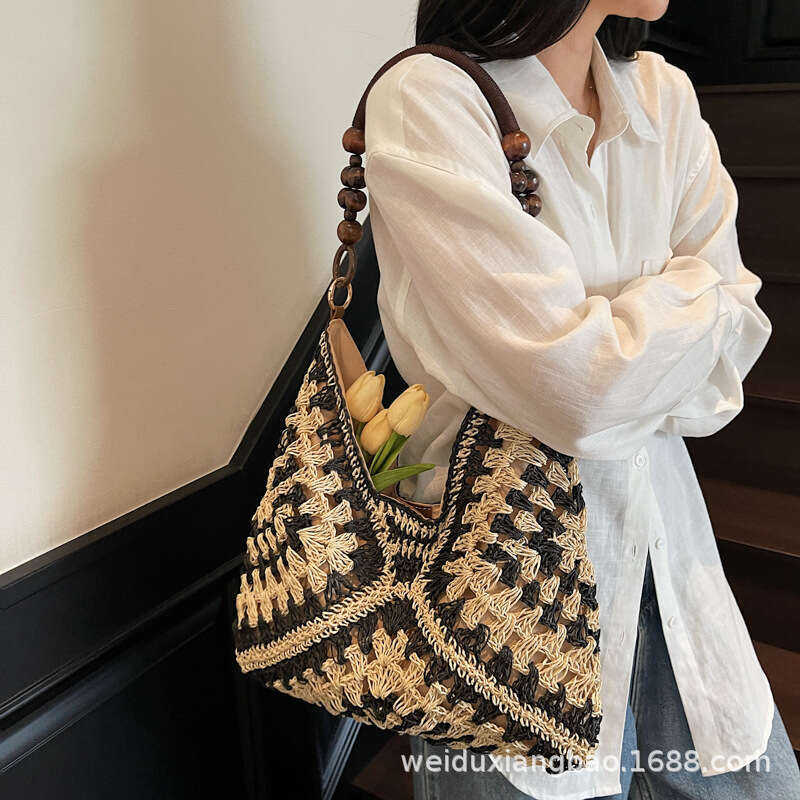 Free shipping designer bag Luxury bag Straw for Women, Large Capacity New Chinese Style Totem Shoulder Bag, Summer Beach Vacation Woven Underarm Bag
