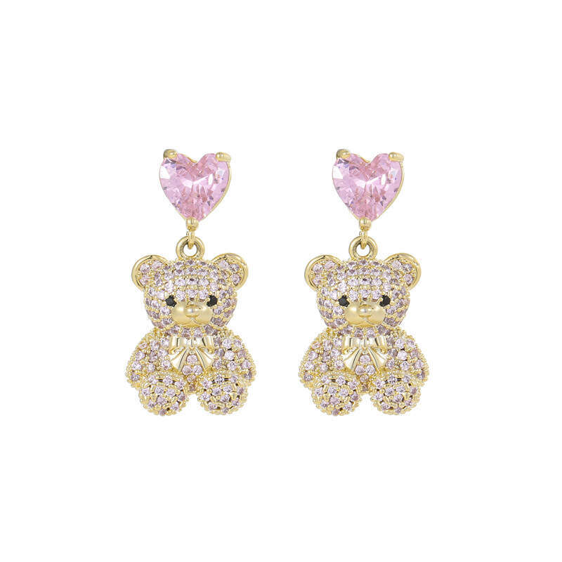 New Trendy Sier Needle Micro Paved Zircon Bear Earrings For Women, Niche Design Heart Studs, Fashionable And Elegant Ear Jewelry