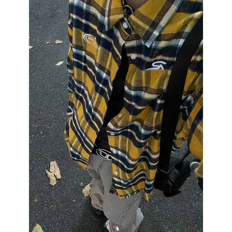 American Retro Distressed Yellow Designer Short Sleeves Plaid Shirt For Men, Spring And Autumn New Loose Trendy Brand Couple Shirt, Long Sleeve Jacket