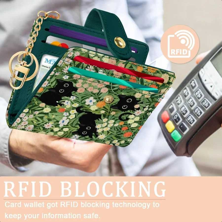 Black Floral Rfid Wen Wallet Small Slim Thin Wallet PU Leather Bifold C Zipper Coin Pocket ID Window for F Y250707