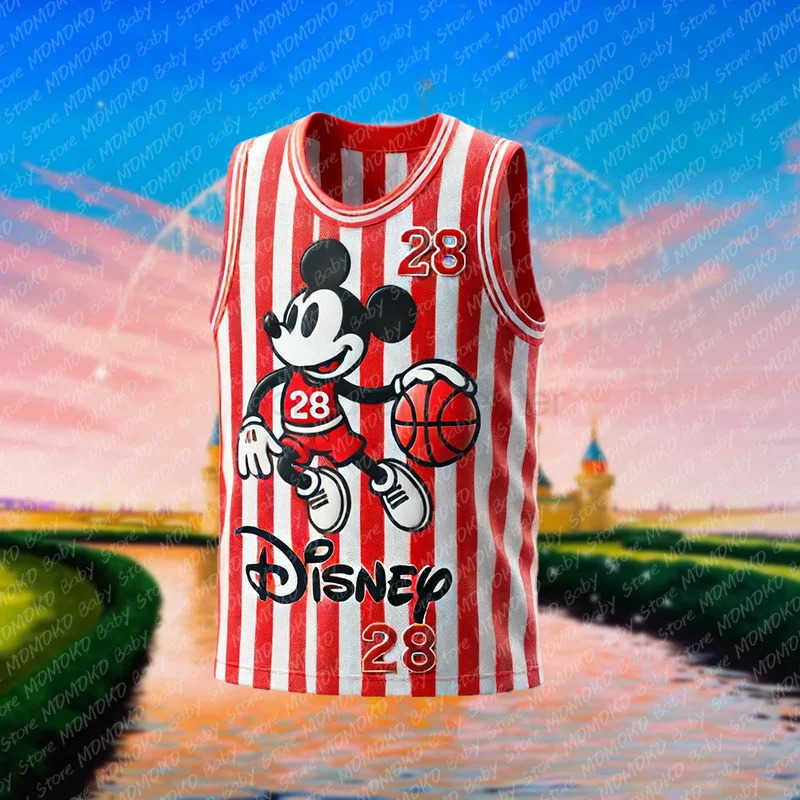 Disney New Disney Mickey Mouse Print Basketball Jersey Summer Childrens Outdoor Sports Clothing Kids Adults Breathable Sleeveless Vest W250707