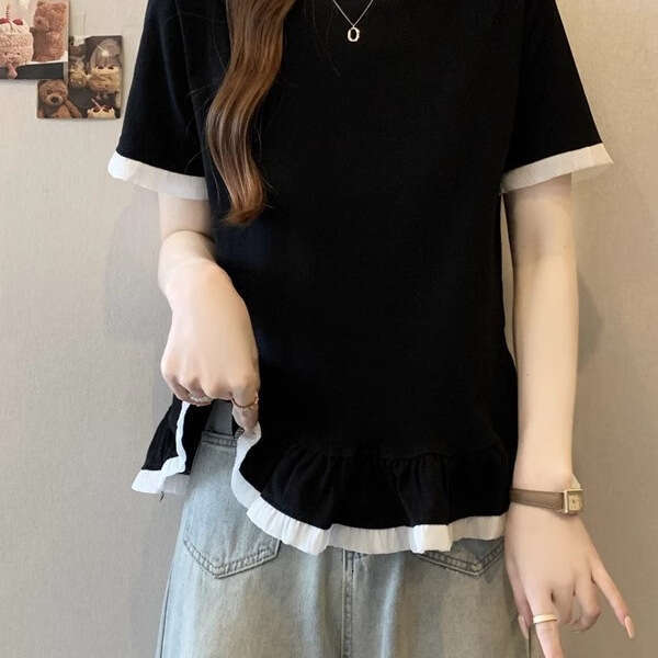 Plus Size Design Sense Right Shoulder Ruffle Short Sleeve T-Shirt For Women Summer Style Age-Reducing Slimming Versatile Niche Top B5