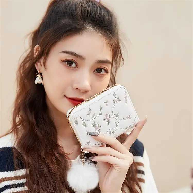 flower Embroidered Wen Short Wallet Zipper Chinese Style Purse Ladies Small Cluh Card Holder Pu Leather Fem Coin Purse Y250707