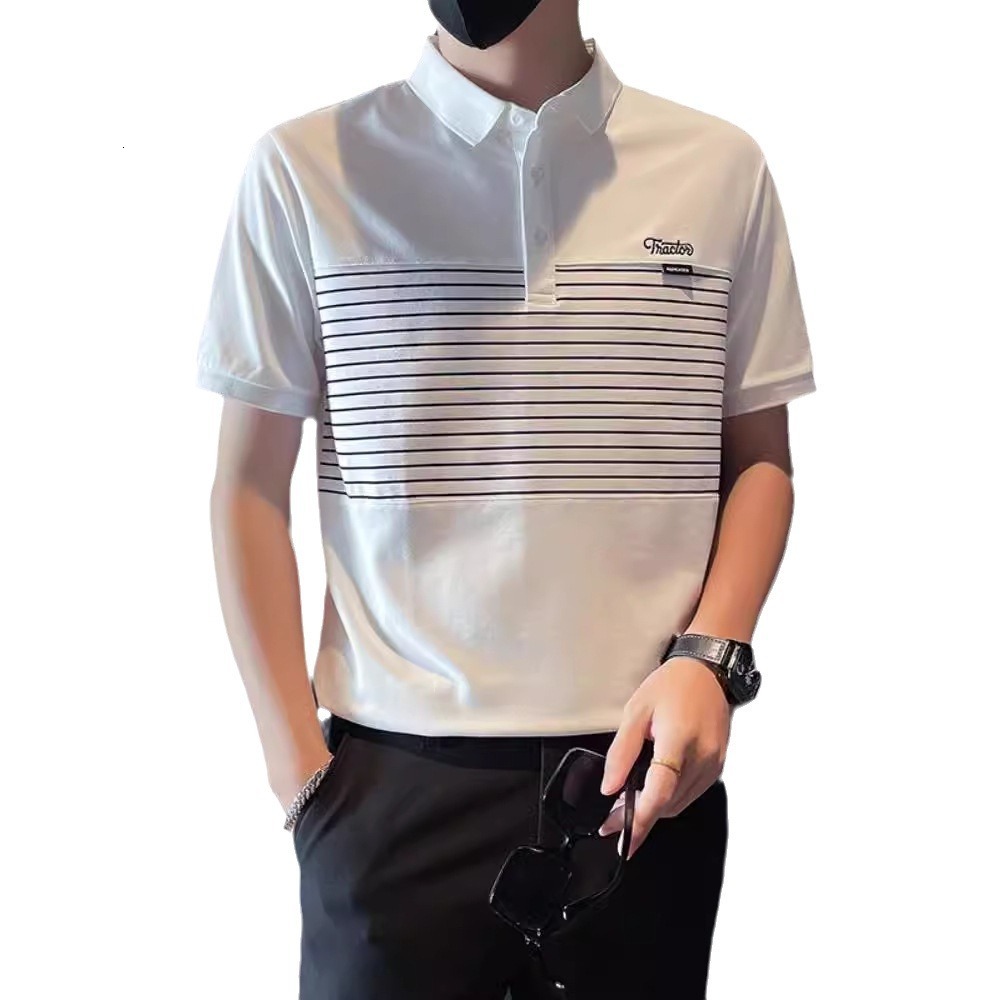 Short Sleeve Men's Polo Shirt Trendy Brand Summer New Striped Patchwork Turn-down Collar T-shirt Stylish Versatile Half Sleeve Designer Short Sle