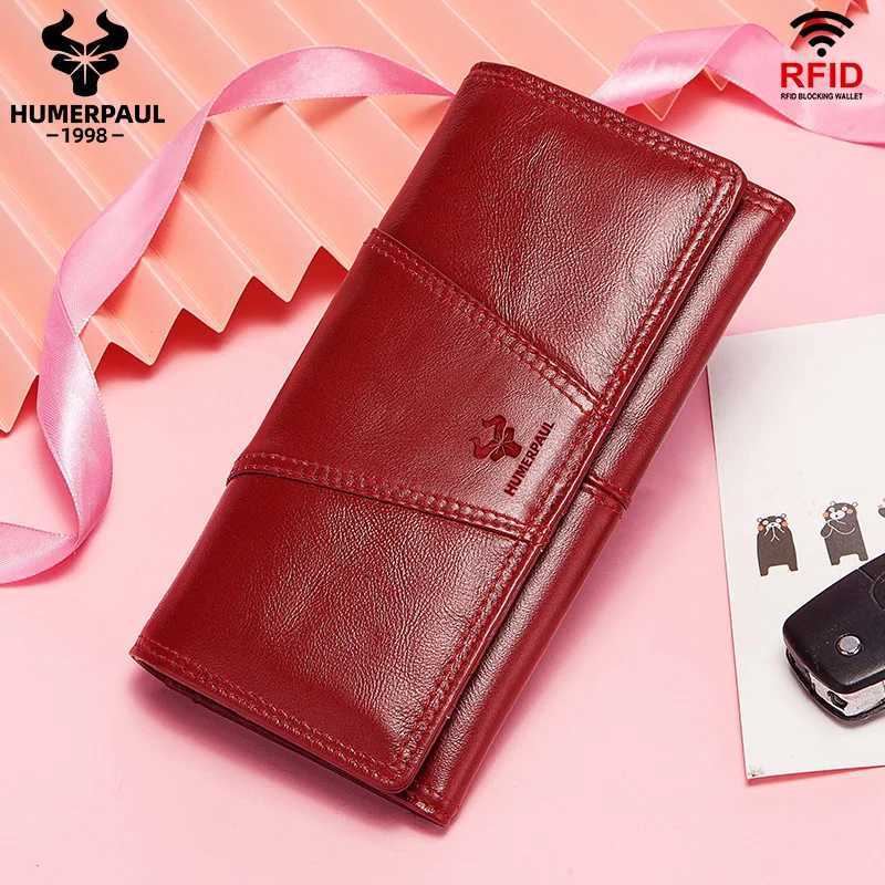 HUMERPA Wens Wallet Top Layer Leather Mti-card Cluh Cell Phe Mey Bag Fi Ladies Card Holder Cartera Mujer Red Y250707