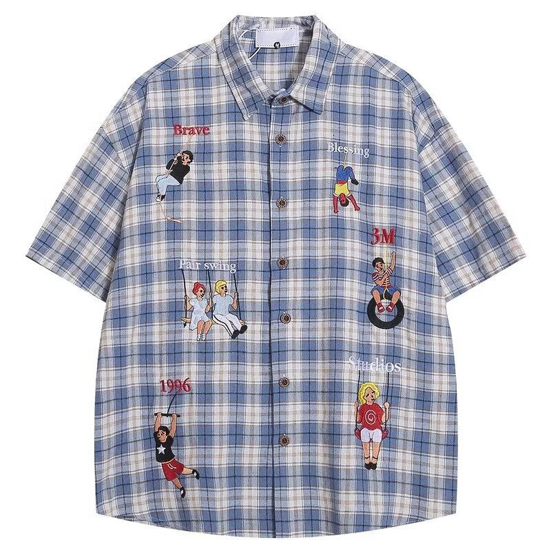 Designer Short Sleeves American Retro Plaid Short Sleeve Shirt For Men, Summer Thin Loose Cartoon Embroidery Shirt With Design Sense, Couple Half Slee