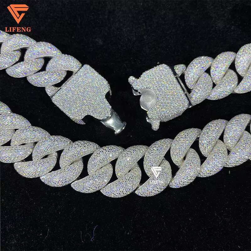 Hiphop Moissanite Chain Ice 20mm 8rows Bubble Cuban Link Chain 925 Silver Cuban Necklace Set Bracelet Rapper Fine Jewelry