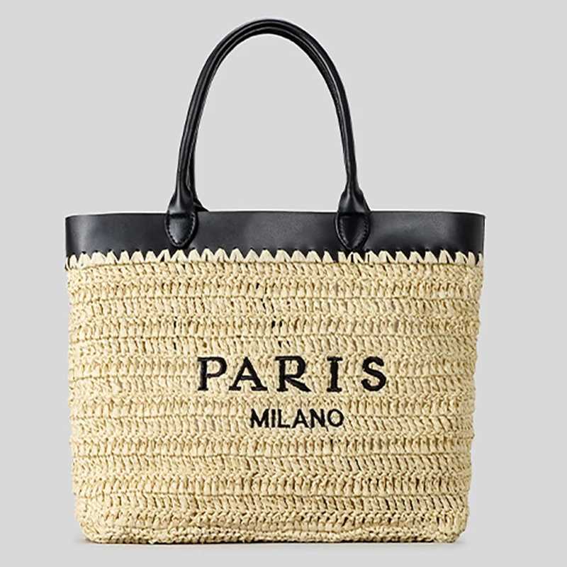 2025 Womens Fashion Splicing Straw Woven Handbag Casual Alphabet Paper Woven Handbag Shoulder Bag Z250707