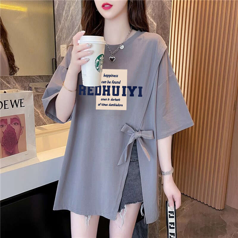 Fashion Subtle Design Sense Split Cotton Short Sleeve Mid-Length Lazy Style Printed Women's T-Shirt B5
