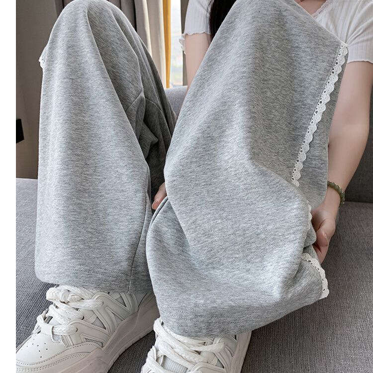 Wind Lace Trim Sweatpants For Women, Spring And Autumn Loose Wide-Leg Straight Pants, High Street Sweatpants, Dance Pants B5