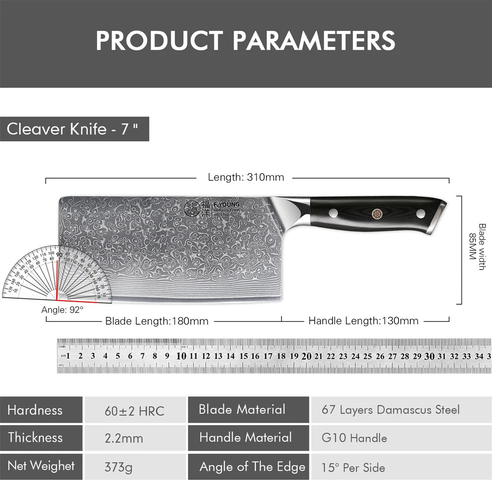 F.YOUNG 7 Chinese Cleaver Knife Japanese Damascus Steel Knife Chef Kitchen Vegetable Meat Slicing Utility Cooking Accessories 250703