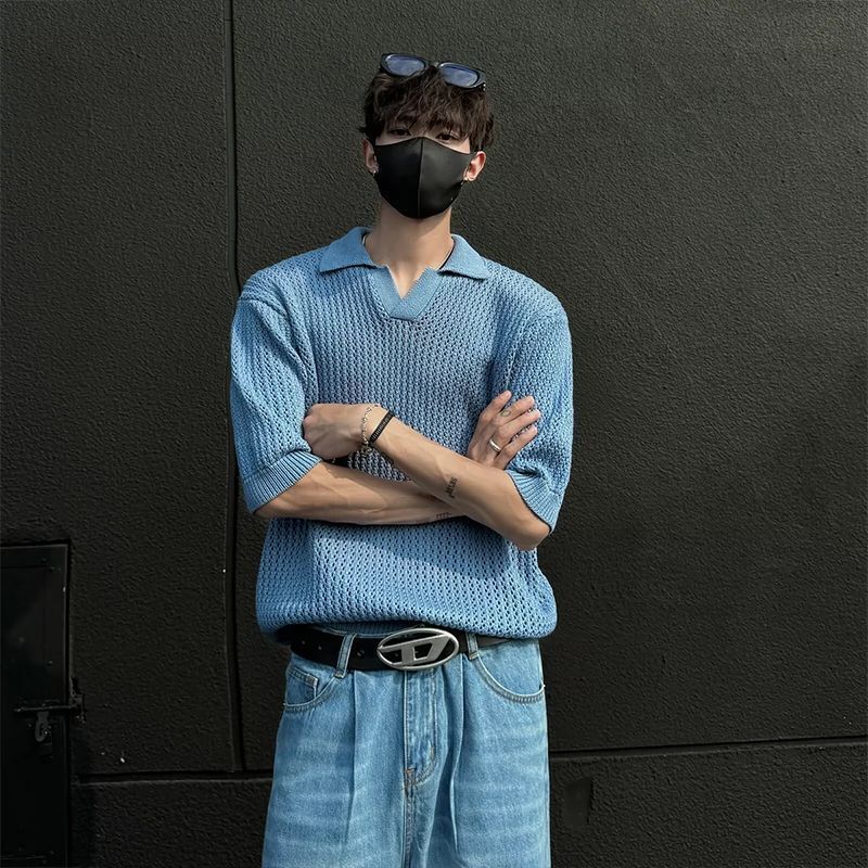 Knitted Short Sleeve Designer Short Sleeves Men's Summer American High Street Polo Shirt Turn-down Collar Half Sleeve Top High-end Cool Pullover 