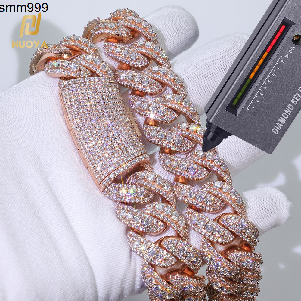 NUOYA Luxury 925 Silver Cuban Chain Necklace Women 22mm Three Row Iced Out VVS Moissanite Hip Hop Cuban Chain Jewelry Gift