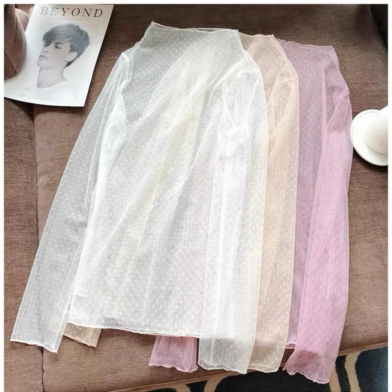 Sexy Lace Mesh Tees T-Shirt Tops fpr Women Pullover See Through Thin Bottom Shirt Blouses Long Sleeve Female Dots High Neck 250703
