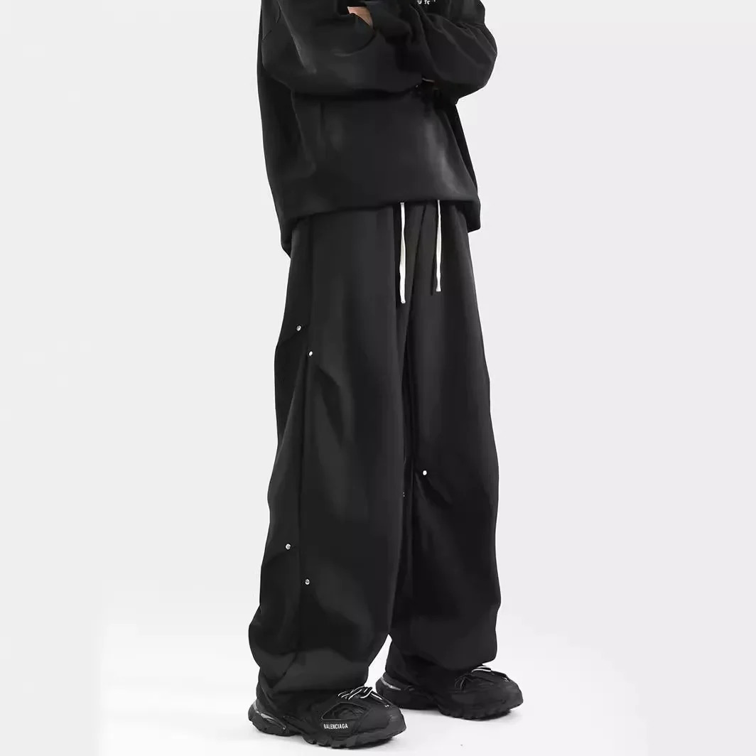 Trendy Black Cropped Studded Mens Pants Loose Fit Sensible Straight Leg Cargo Casual Trousers High Quality Durable Material y250704