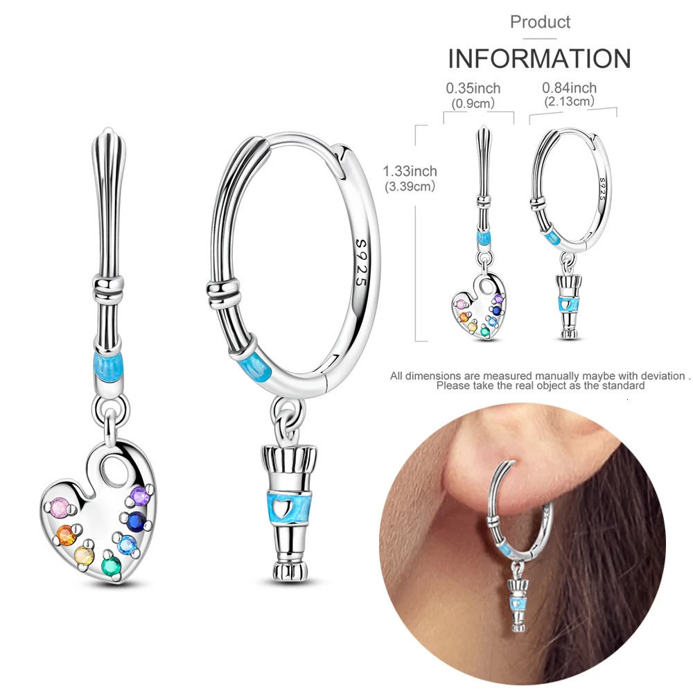 Youthful 925 Sterling Silver Brush Color Palette Painter Earrings Literary Style Womens Jewelry Accessories 250701