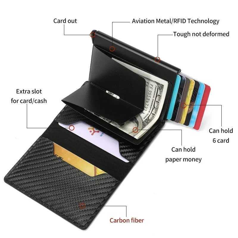 Carbfiber Holder Wallet Men RFID Smart Meral Thin Slim Pop Up Minimalist Wallet Small Black Purse Metal Wallet Y250707