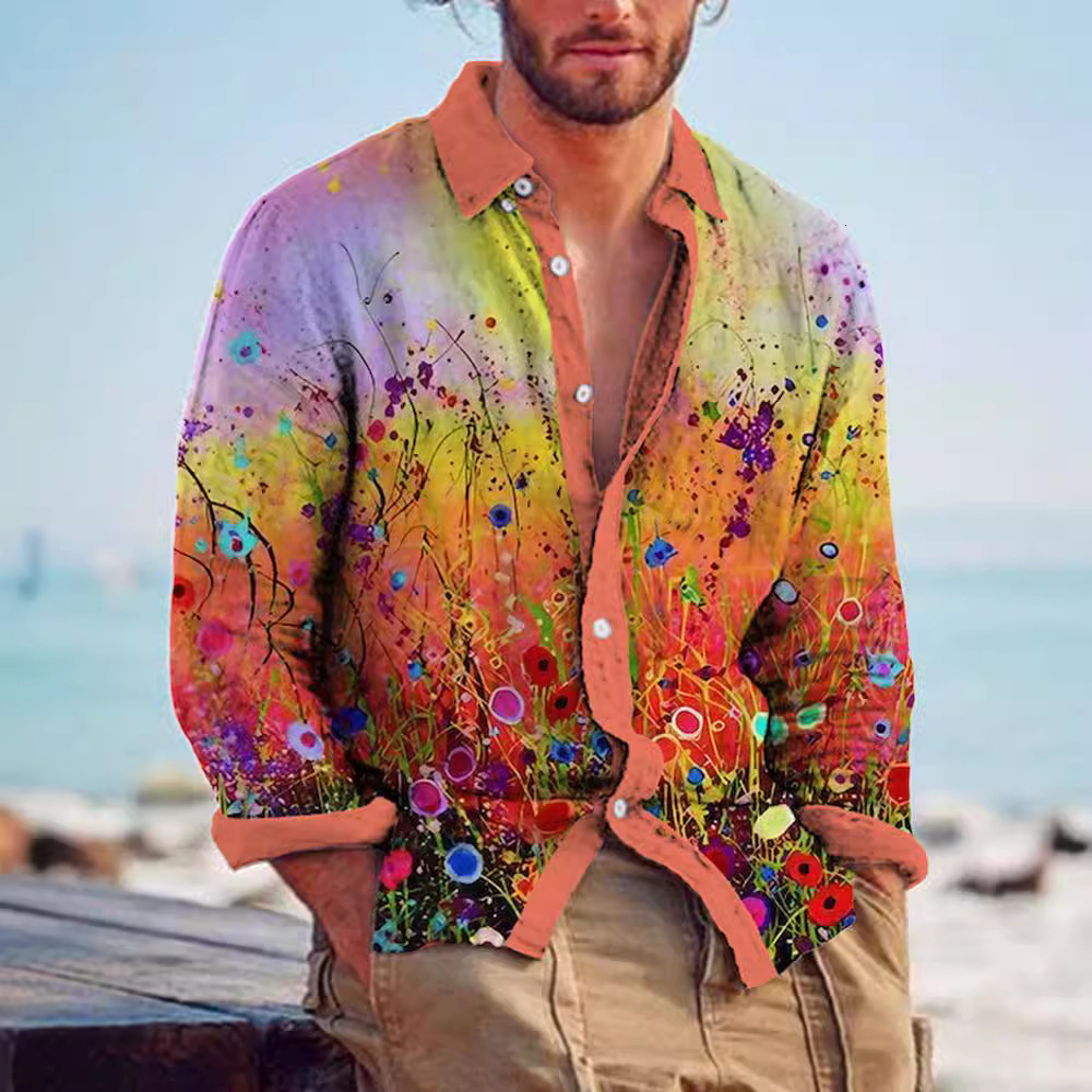 Plus Size Loose Fashion Floral Color Block Bamboo Fiber Printed Mens Turn-Down Collar Button Long Sleeve Colorful Shirt 250704