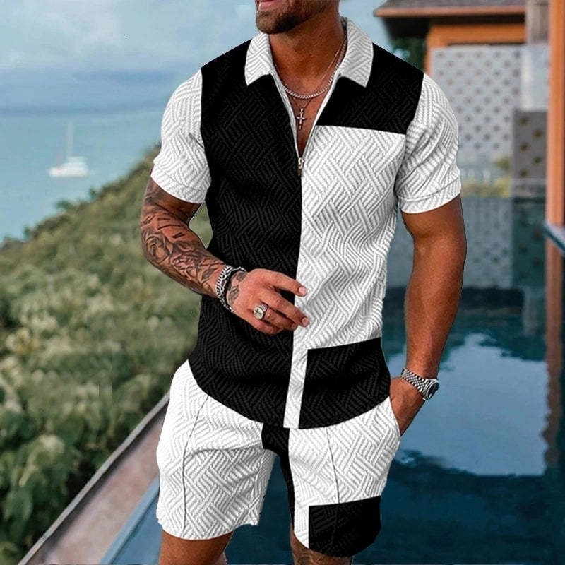 Mens Summer suit Polo Tracksuit Set Men Short Sleeve Zipper Polo t-Shirt and Shorts Set 2 Piece Suit for boy with shorts 250704