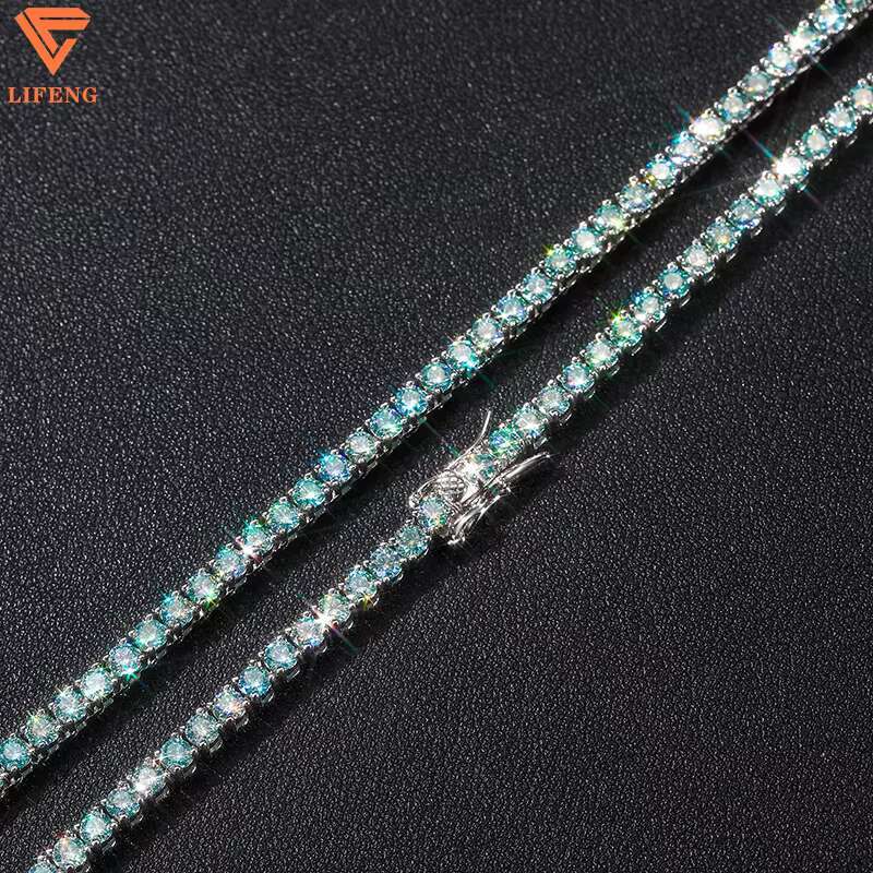 New Arrival Iced Out Colorful VVS Moissanite 3mm Cluster Tennis Chain Hiphop Jewelry 925 Sterling Silver Green Tennis Necklace