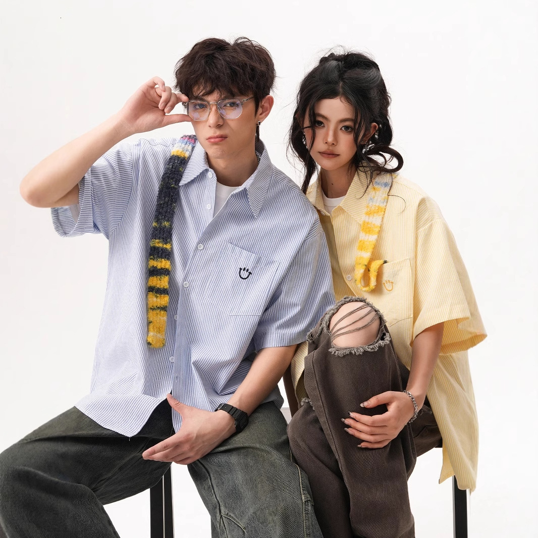 American Style Smiley Face Embroidered Short Sleeve Shirt For Men Designer Short Sleeves And Women, Summer Loose Cuban Collar Striped Half Sleeve Shir