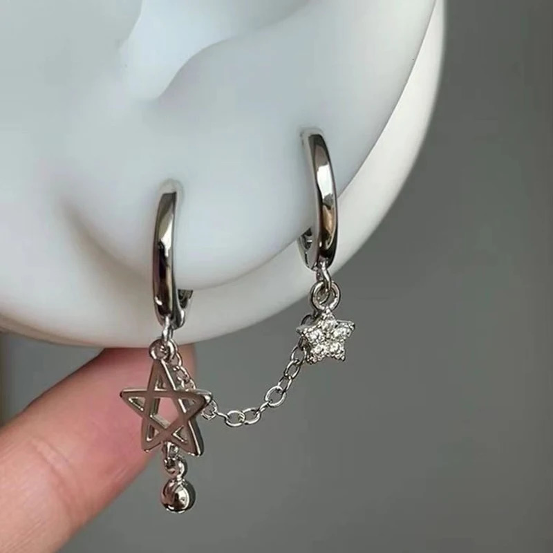 1PCS Silver Color Star Chain Double Ear Hole Ear Bone Nail Y2K Fashion tie Earrings For Women Jewelry 250701