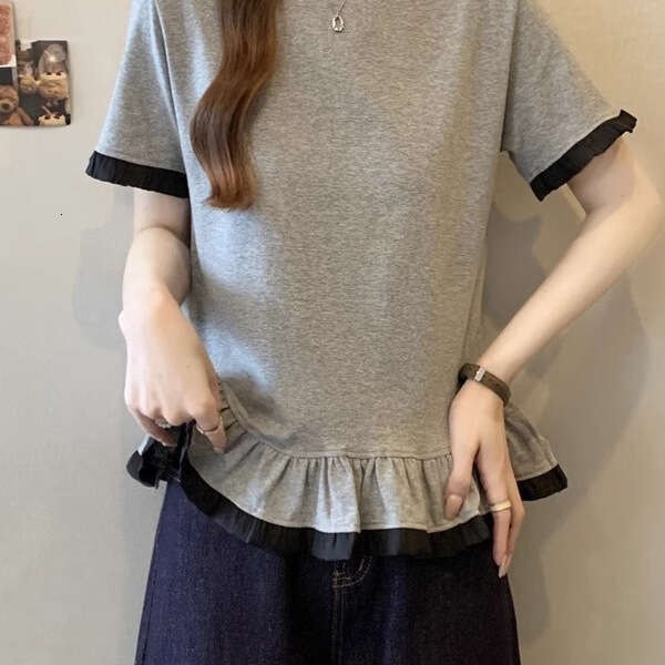 Plus Size Design Sense Right Shoulder Ruffle Short Sleeve T-Shirt For Women Summer Style Age-Reducing Slimming Versatile Niche Top B5