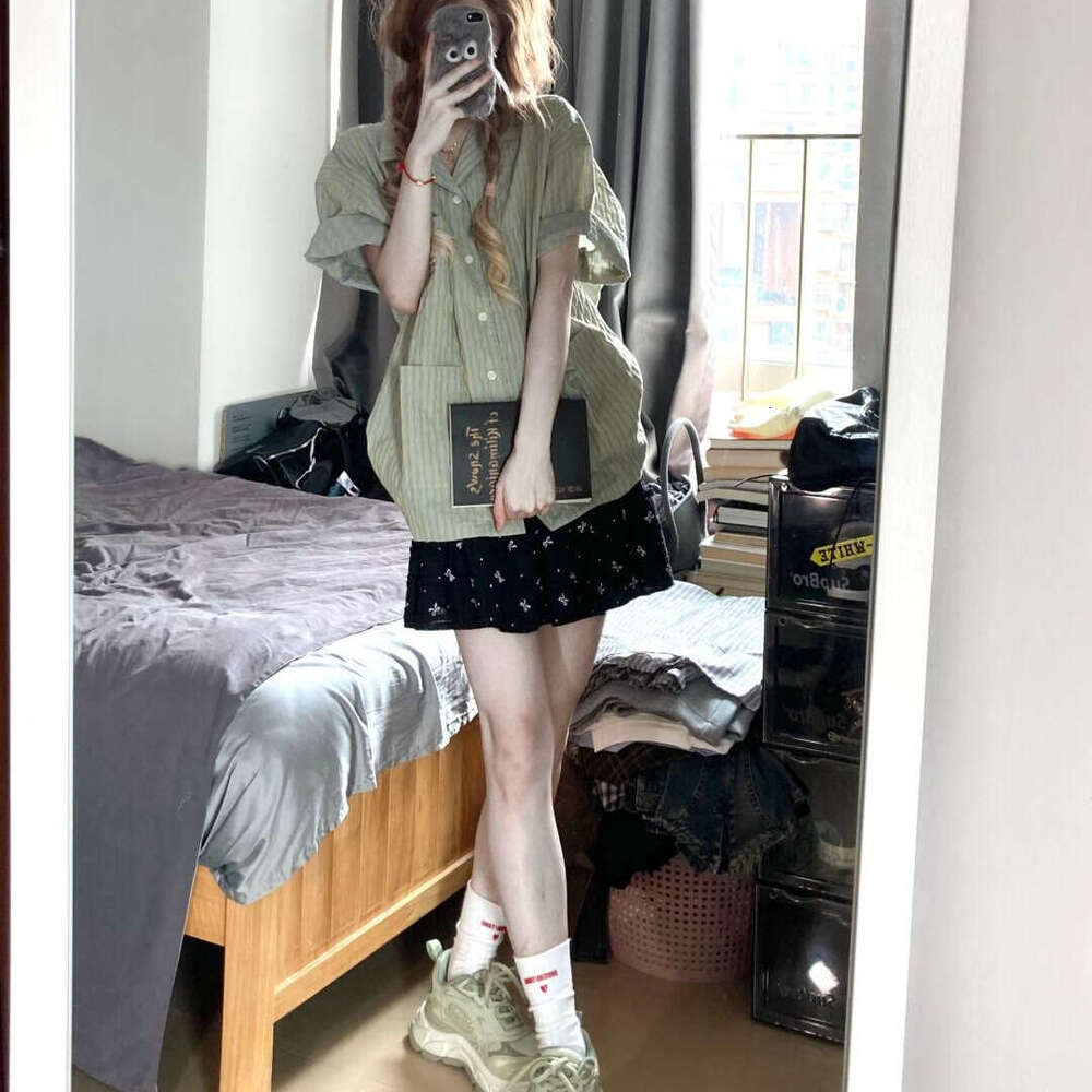 Striped Short Sleeve For Women Summer Loose Casual High-End College Style Shirt Jacket Ins B5