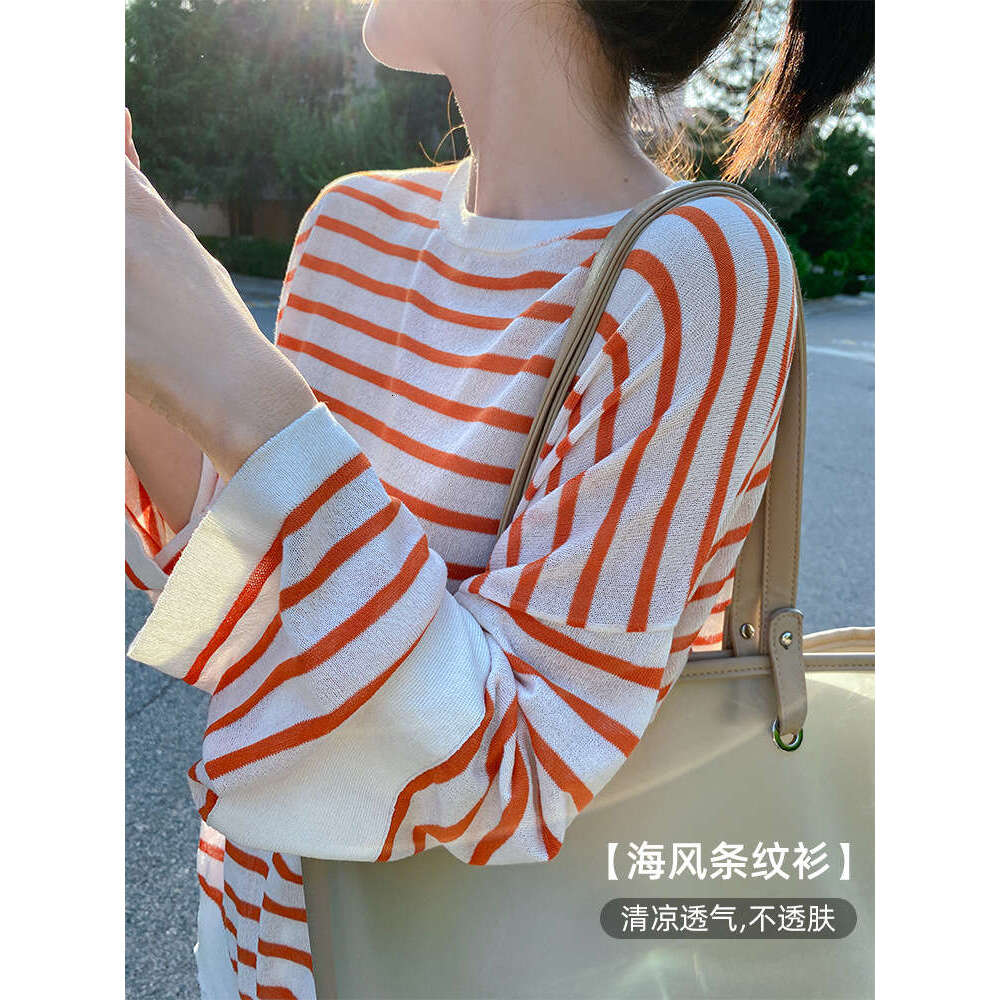 Korean Spring New Round Neck Striped Loose Plus Size Thin Wool Knit Sweater Women Long Sleeve Knitwear B5