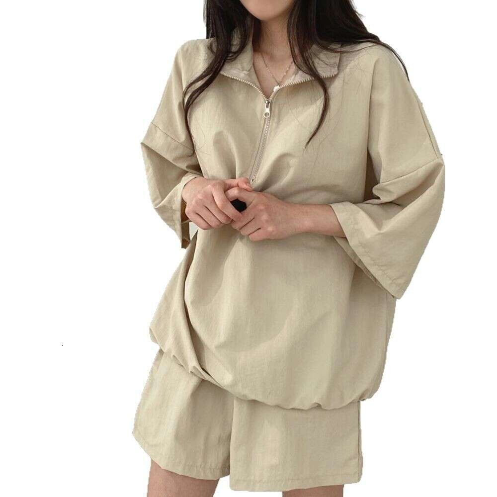 Stand Collar Zipper Short Sleeve For Women Summer New Fashion Casual Sportswear Two-Piece Set Trendy B5