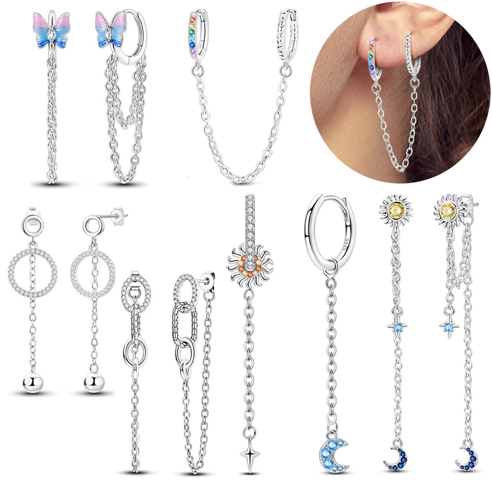 925 Sterling Silver Butterfly Double Loop Tassel Snake Bone Pattern Chain Colorful Threaded Double Loop Hanging Chain Earrings 250701